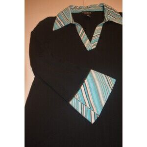 George Women's Cotton Blend Top Blue Stripe Collared Black Stretch Shirt Lg12/14